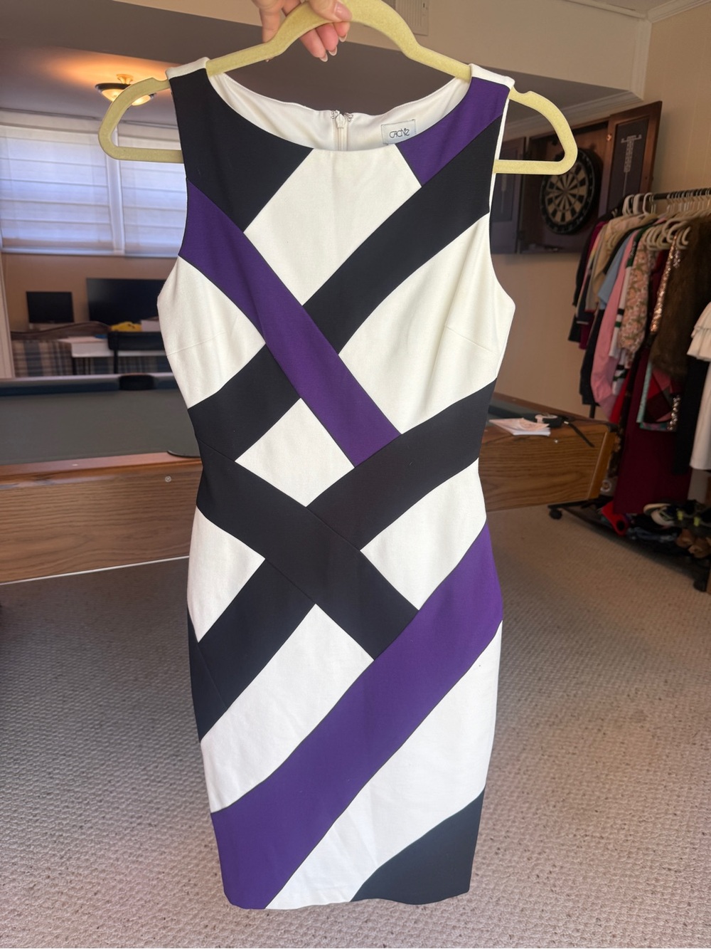 Cache Size 0 Black White Purple Geometric Colorblock Sheath Dress